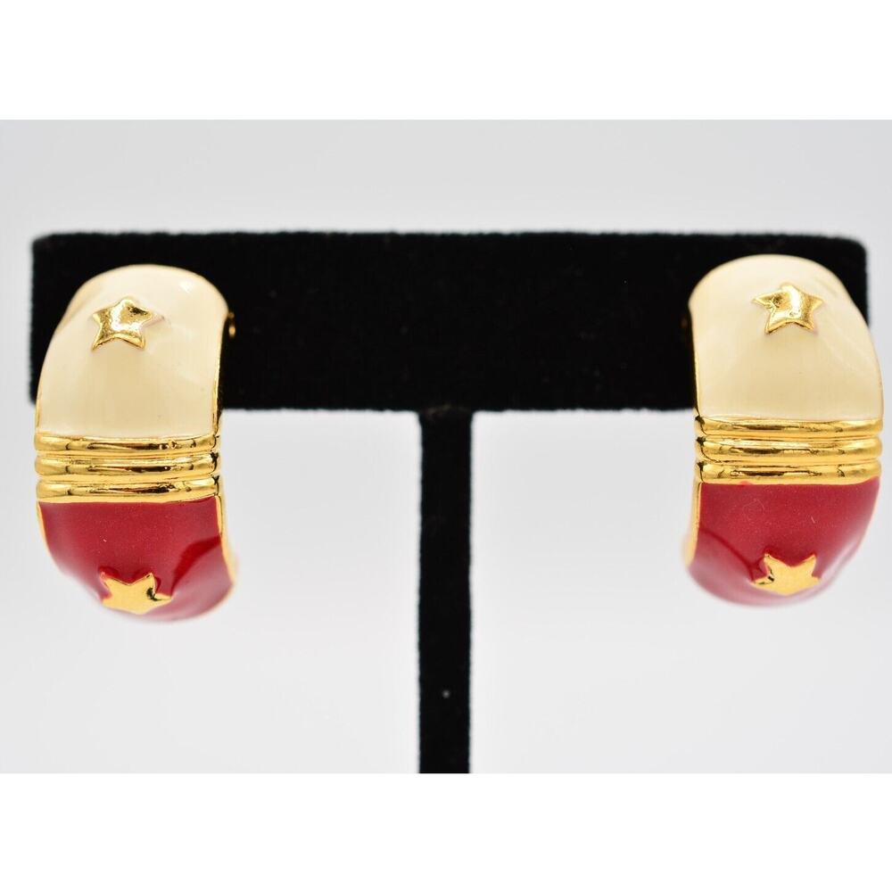 Premier USA Vintage Clip On Earrings Star Red White Chunky Gold Signed 80s BinAR